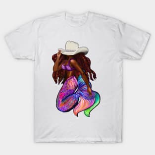 Cow girl Mermaid with flowing red locs and Country Cow boy hat Afro hair and brown skin. Black mermaid T-Shirt